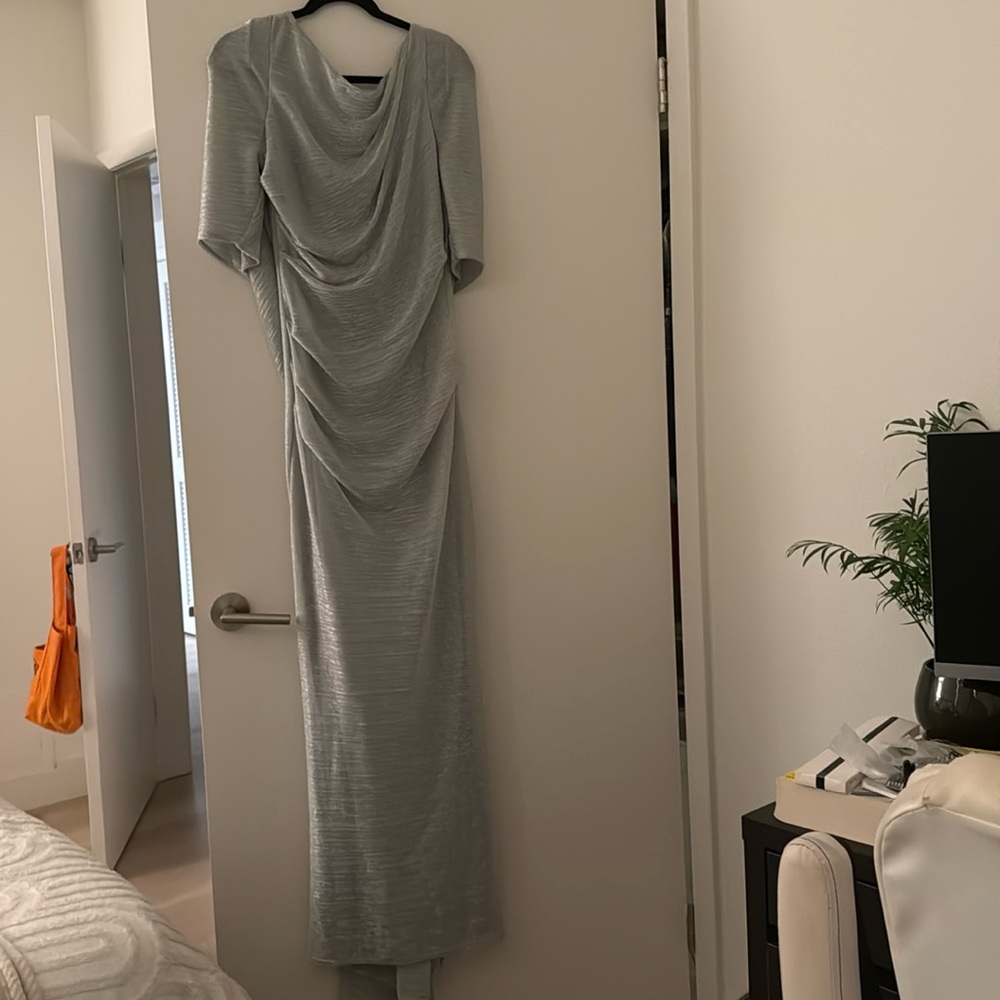 Betsy & Adam Cape Sleeve Trumpet Gown in Silver